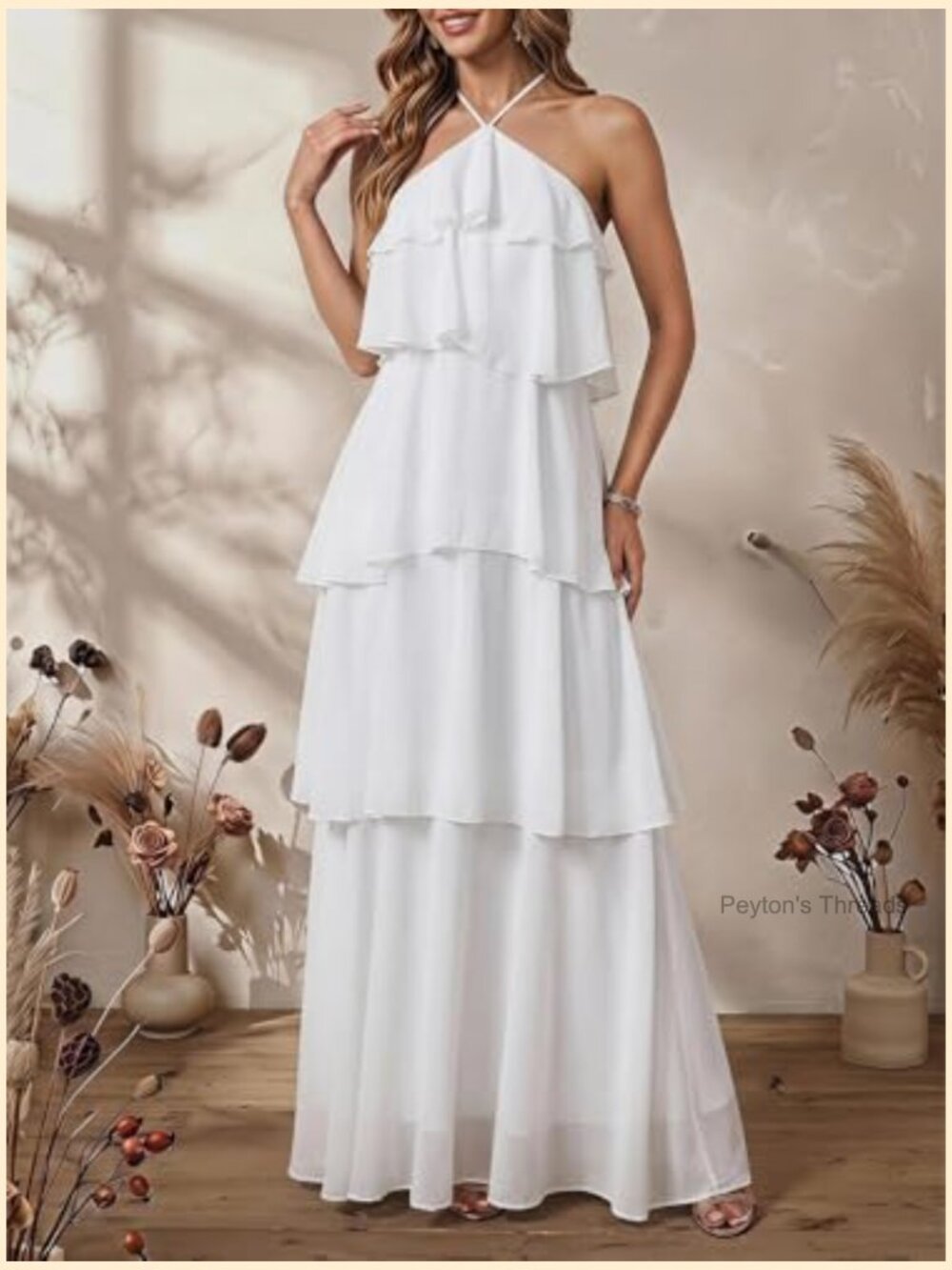 Ruffle Halter Backless Flowy Maxi Wedding Guest Dress - Picture 3 of 5